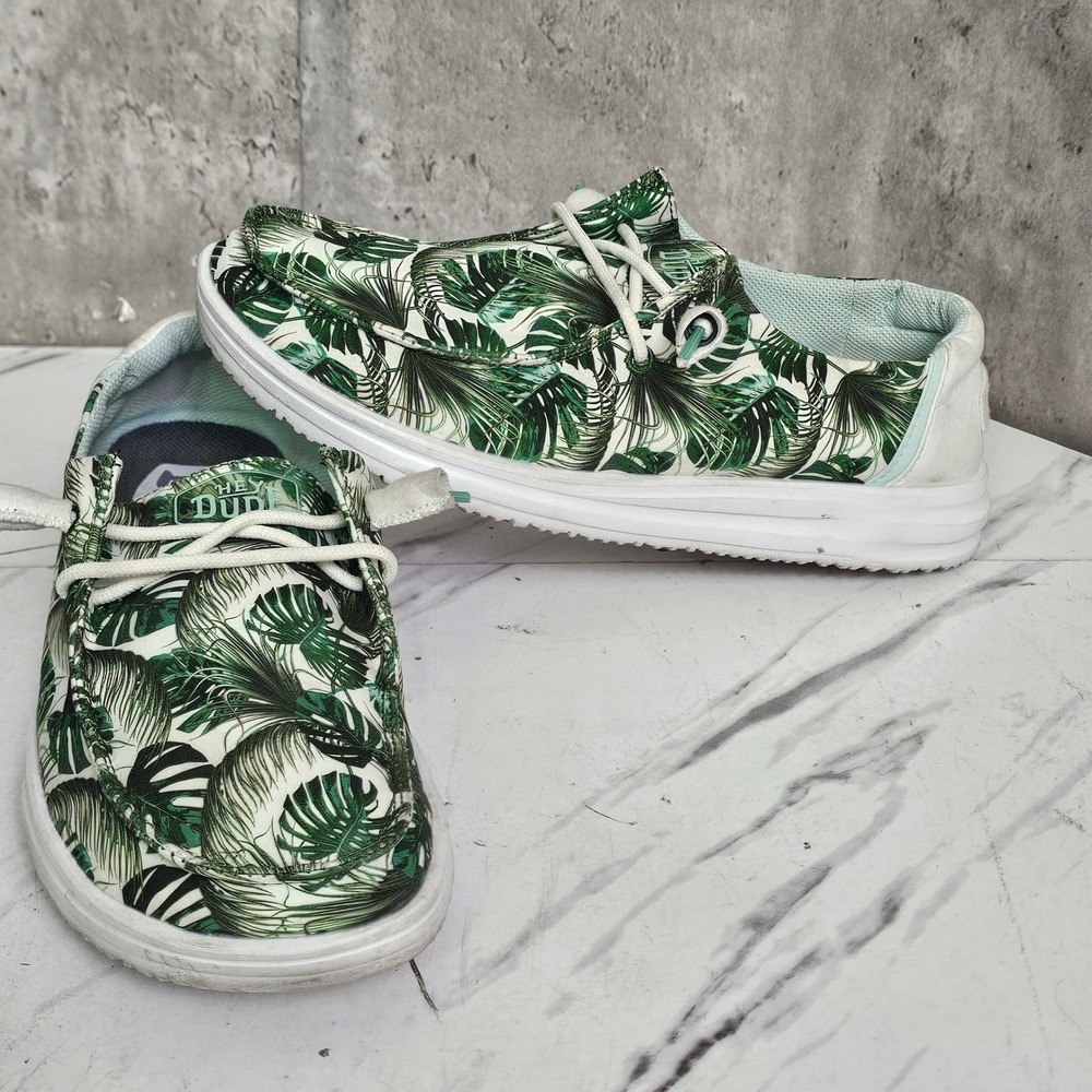 Hey Dude Wendy H2O Summerdendron Tropical Monstera Leaf Loafers Green White US6